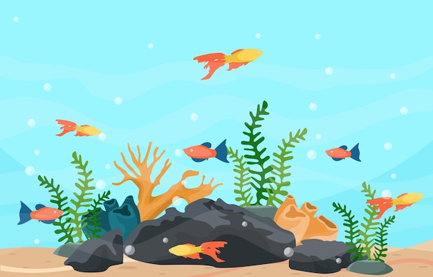 Vektor schöne aquarienfisch-bunte riff-wasser-pflanzen-illustration