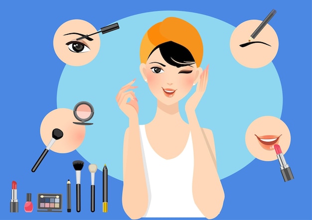 Schöne asiatische Bloggerin, die zeigt, wie man Make-up aufträgt und Make-up-Frontkamera anwendet, um Live-Vlog-Videos aufzunehmen Flacher Cartoon-Illustrationsvektor