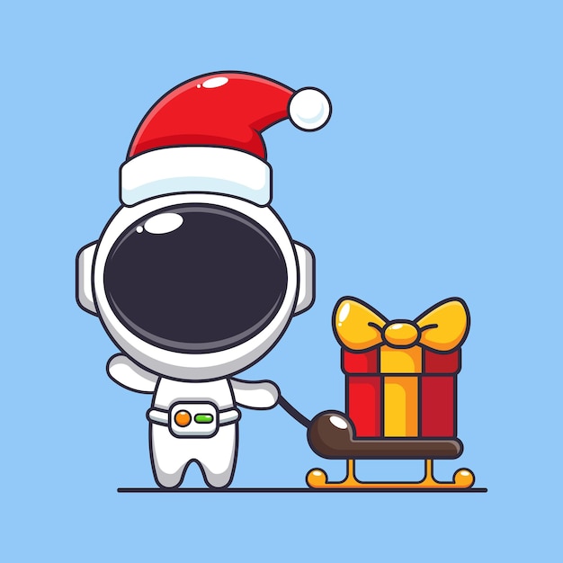 Schöne astronaut trägt eine weihnachtsgeschenkkiste schöne weihnachten-cartoonfigur-illustration