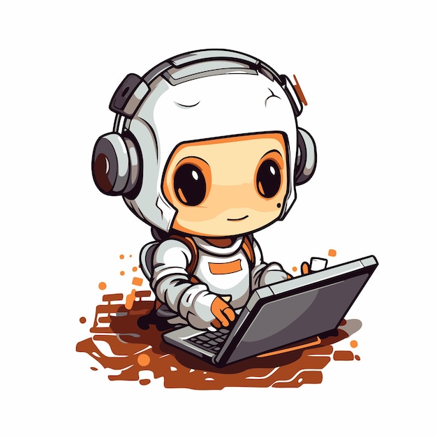 Vektor schöne astronautin mit einem laptop vektor-illustration auf weißem hintergrund