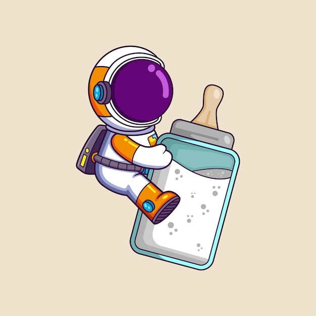 Schöne astronautin reitet auf einer großen milchflasche science technology icon concept