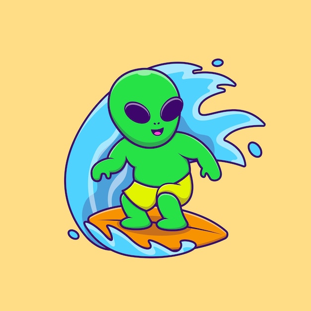Vektor schöne außerirdische surfen mit surfbrett cartoon vector icons illustration flach cartoon konzept