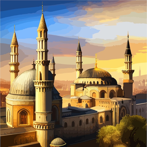 Vektor schöne aussicht auf die moschee bei sonnenuntergang, islamische ramadan-hintergrunddesign-vektorillustration