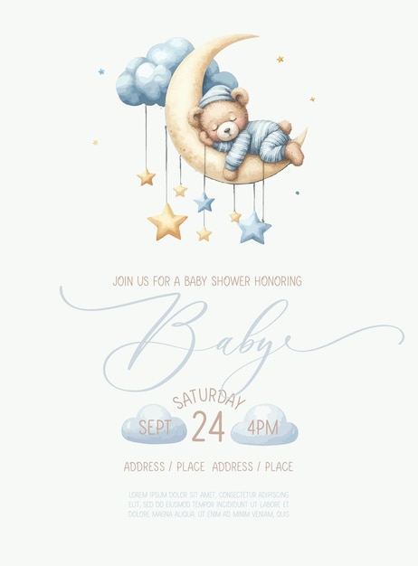 Vektor schöne baby-shower-akwarell-einladungskarte mit schlafendem bären auf wolke und mond