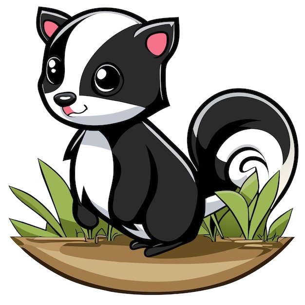 Schöne Baby-Skunk sitzt im Gras handgezeichneter Cartoon-Sticker-Ikon-Konzept isolierte Illustration