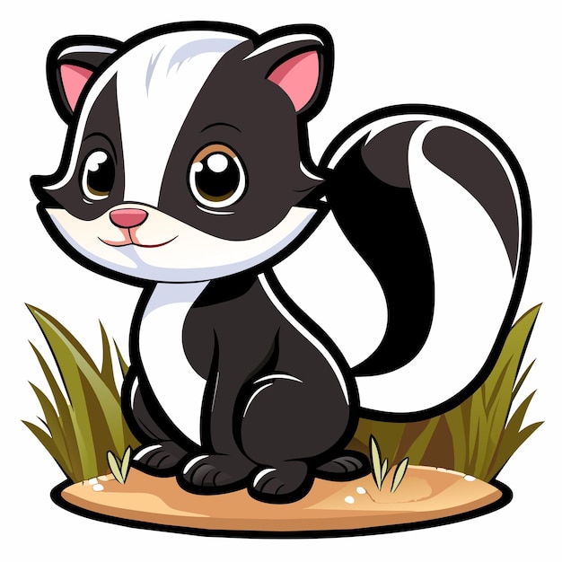 Vektor schöne baby-skunk sitzt im gras handgezeichneter cartoon-sticker-ikon-konzept isolierte illustration