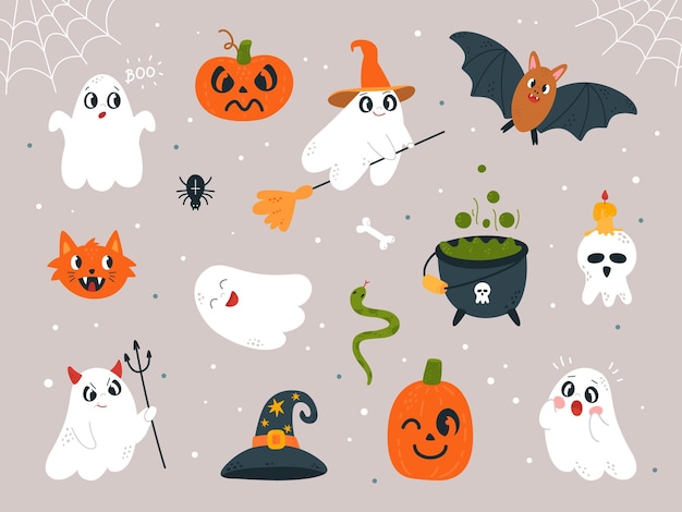 Schöne, beängstigende Charaktere, Geister, Kürbisse und Katzengesichter, Halloween-Kinder, Horror-Geister, gruselige Zeichentrickfilme, Fledermaus und Spinnennetz, klassische Vektor-Cliparts