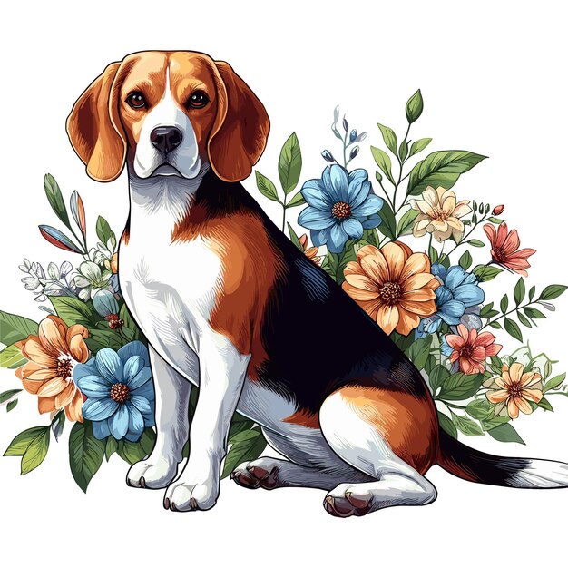 Schöne beagle-hund-amp-blüten im vektorstil