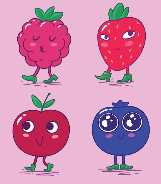 Vektor schöne beeren cartoon-anime-figuren himbeeren erdbeeren kirschen blaubeeren