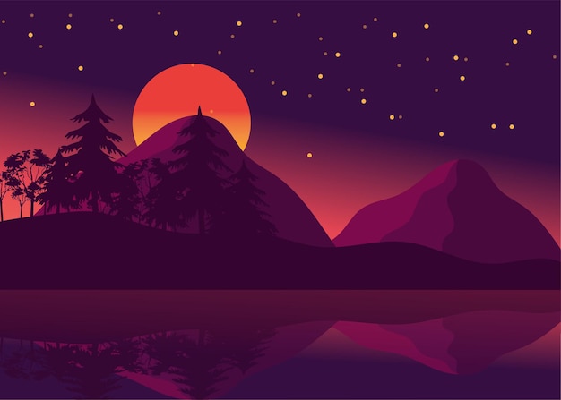 Schöne Berglandschaft im Hintergrund während der Nachtzeit mit Sternen und Bergreflexionen auf dem Fluss
