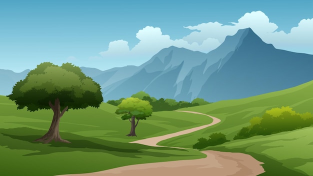 Schöne Bergszenenillustration mit Fußweg und Wiese