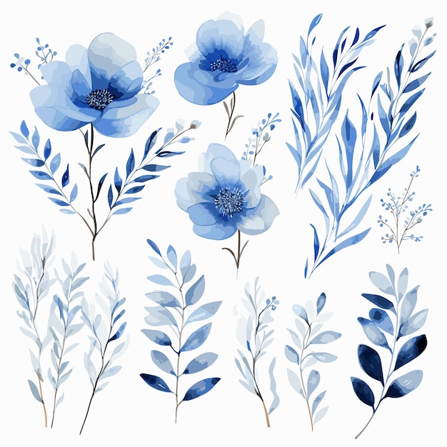 Vektor schöne blaue und marineblaue aquarellblumen