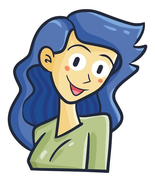Vektor schöne blauhaarige frau mit grünem hemd lächelnde cartoon-illustration