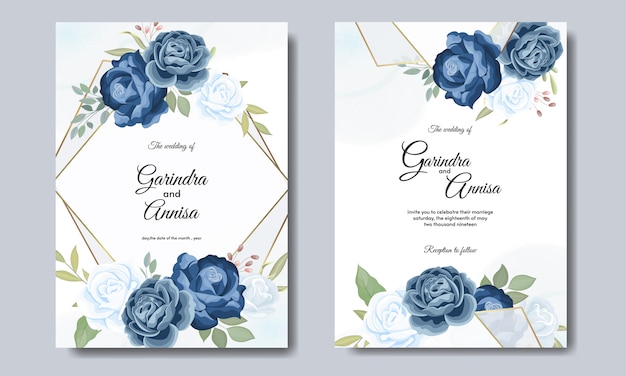 Schöne blumenrahmenhochzeitseinladungskartenschablone mit blauen rosen