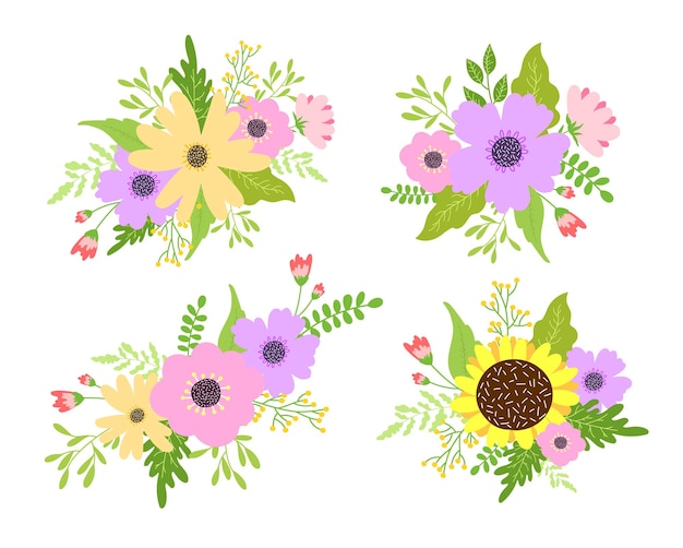 Schöne blumensträuße mit weichen pastellblumen. hand gezeichnete blumenillustration, flaches design