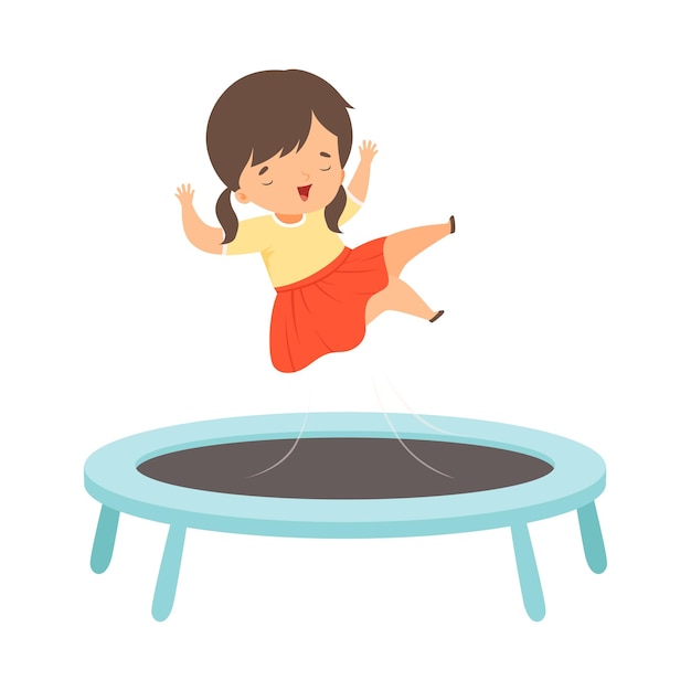 Schöne brünette mädchen springt auf einem trampolin kind trampolin und spaß aktive kinder freizeit vektor-illustration