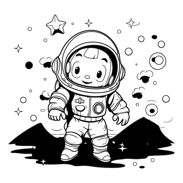 Schöne Cartoon-Astronaut im Weltraum Schwarz-Weiß-Vektor-Illustration