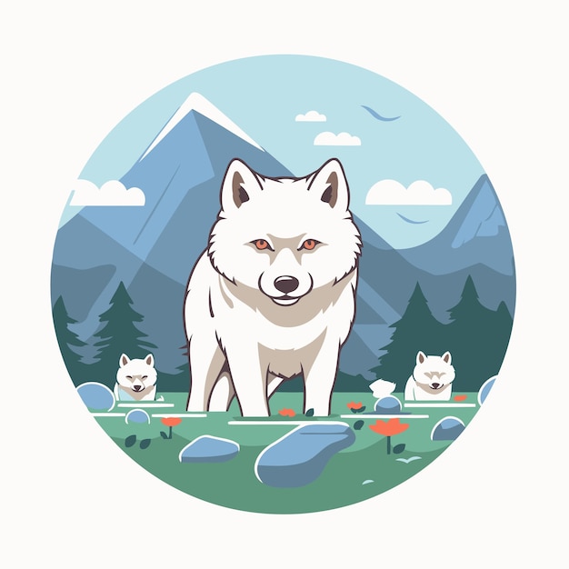 Schöne cartoon-husky in der natur vektor-illustration in einem flachen stil