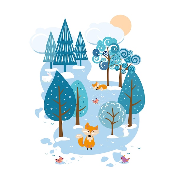 Schöne Cartoon-Winterlandschaft Winterwald und wilde Tiere