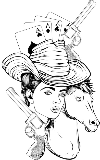 Schöne cowgirl und cowboy tragen hut und pferdekopf schwarz-weiß vektor silhouette design set