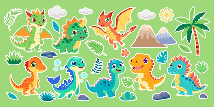 Vektor schöne dino-aufkleber-satz spielerischer prähistorischer spaß