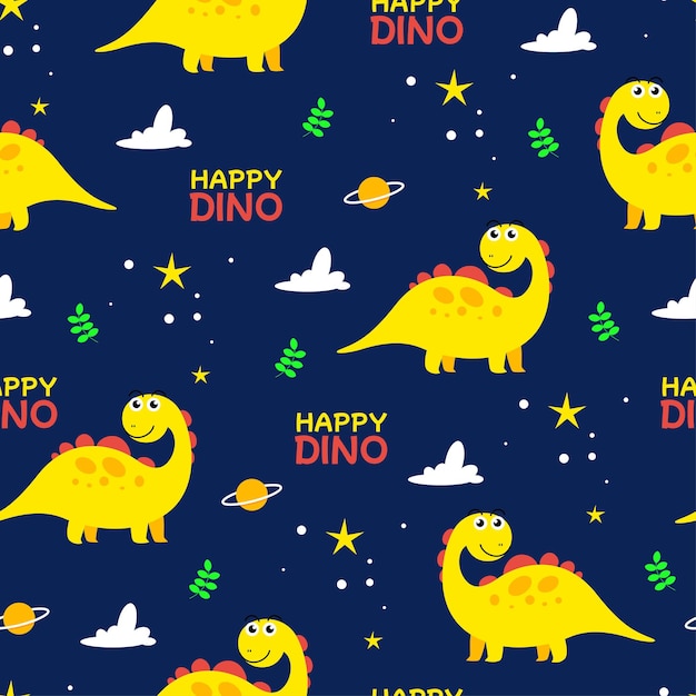 Schöne Dinosaurier, kindisches nahtloses Muster mit Weltraumelement, Wolkenstern und Planeten im Hintergrund