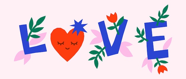Schöne, einfache, isolierte Valentinstagsbanner mit Herzzeichen und Blumenbuchstaben, handgezeichneten Valentinstag-Vektorillustrationen