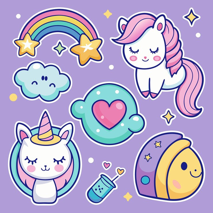 Vektor schöne einhorn-aufkleber mit regenbogen und sternen