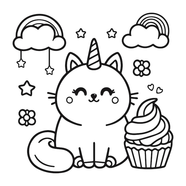 Vektor schöne einhornkatze, handgezeichnet, malseite, vektorillustration