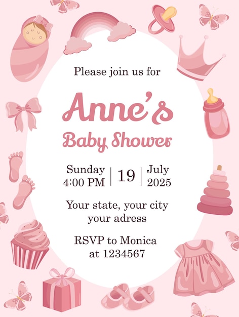 Schöne Einladungskarte für die Babyshower mit pinkfarbenen Kinderelementen Es ist ein Mädchen