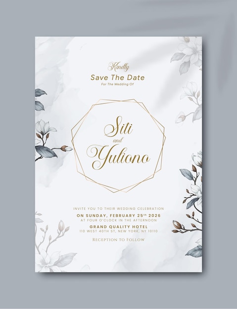 Schöne einzelne Hochzeitseinladung mit floralem Aquarell-Premium-Vektor