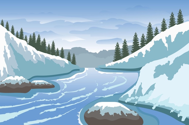 Schöne eisflussseite naturszene flacher illustrationslandschaftsdesign-hintergrundschablonenvektor