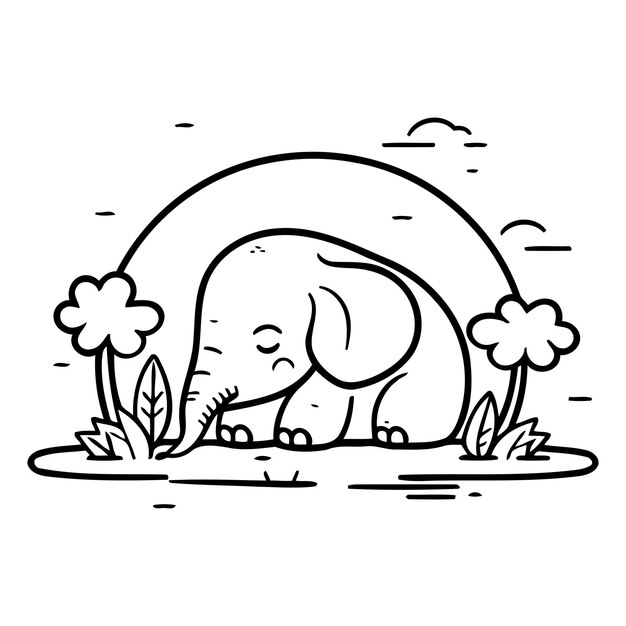 Vektor schöne elefant schläft auf dem gras im park vektor-illustration