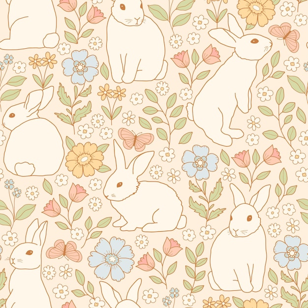 Schöne endlose Muster in Pastellfarben mit Kaninchen und Blumen