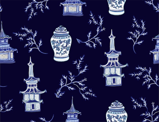 Schöne exotische chinoiserie handgezeichnete vintage chinesische sakura-bäume vasen padogas