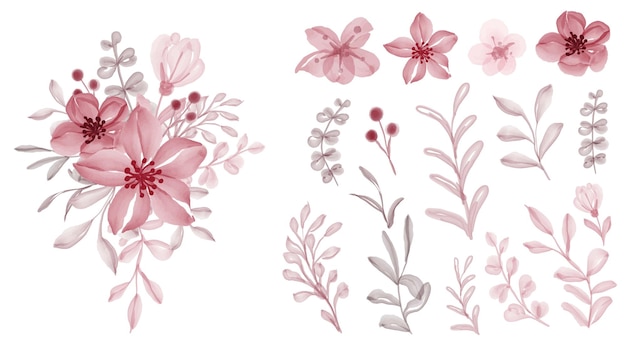Schöne florale rote isolierte Blatt- und Blumenaquarell-ClipArt