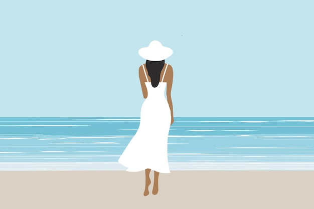 Schöne Frau in weißem Kleid am Strand Vektorillustration Sommerferien Strandkonzept