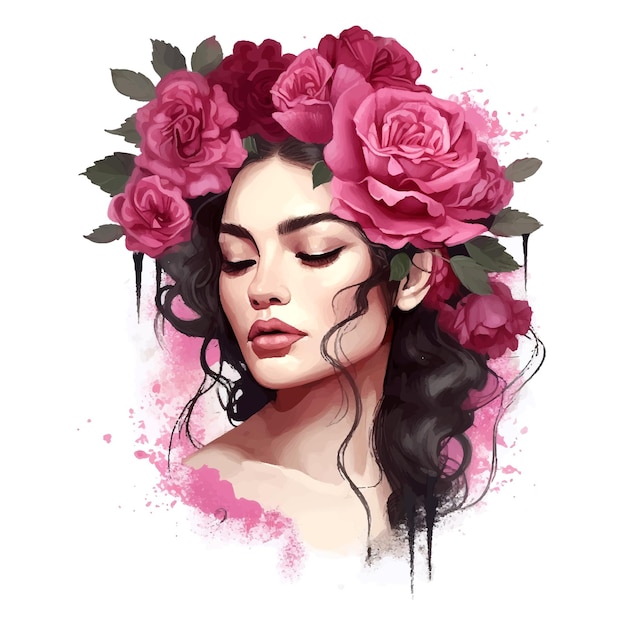 schöne Frau mit Blumen im Haar und einem Rosenkranz