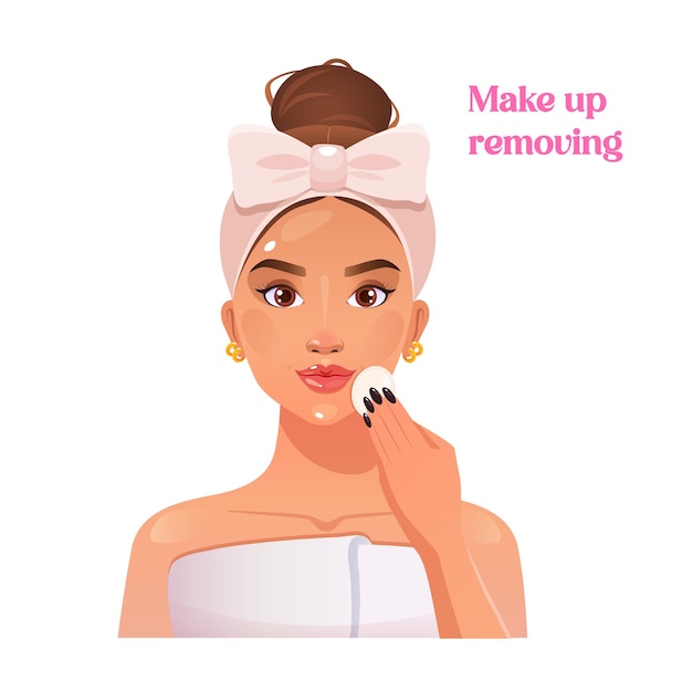 Schöne Frau mit Schwamm in der Hand entfernt ihr Glam-Make-up Hautpflege-Routine