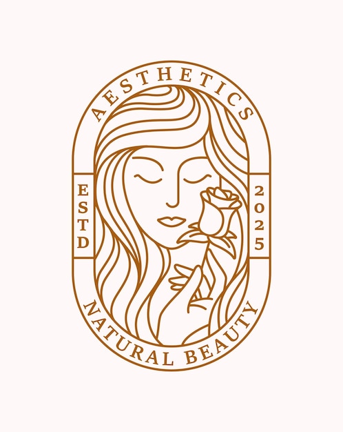 schöne Frau und Rose-Linienkunst mit ovalem Abzeichen