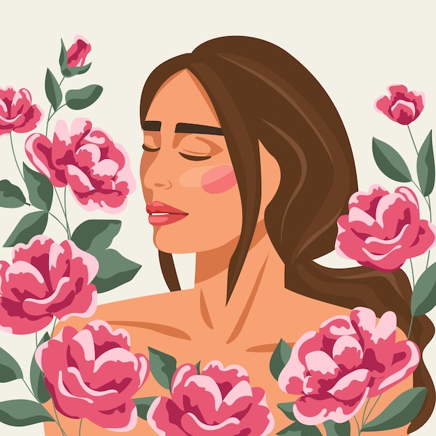 Vektor schöne frau unter den blumen das konzept der harmonie und ruhe selbstliebe der frauen power vector illustration