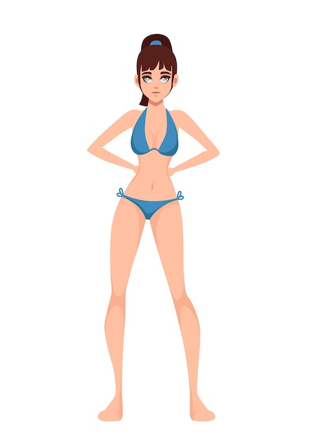 Schöne Frauen, die blauen Badeanzug des modernen Stils Cartoon-Charakterdesign tragen