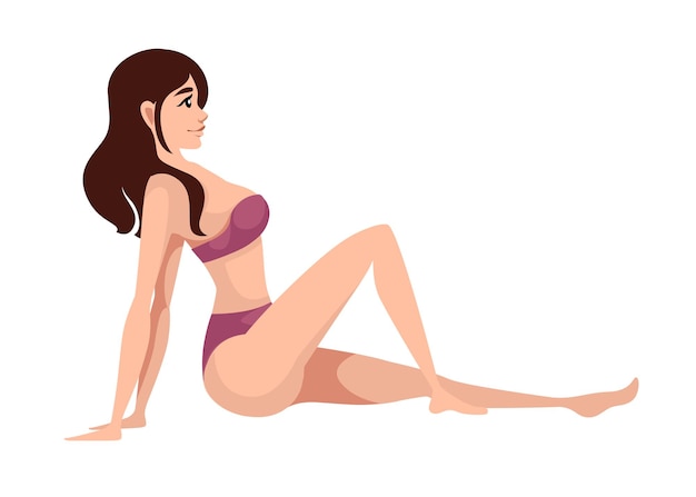 schöne Frauen im lila Badeanzug sitzen Cartoon-Charakter-Design-Illustration