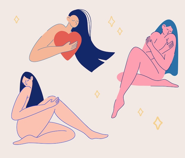 Schöne Frauen in verschiedenen Posen. Körper positives Konzept. Dich selbst lieben. Attraktive Mädchen. Handgezeichnete Vektorgrafik im trendigen Stil.