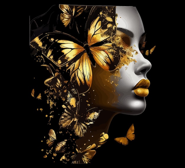 Vektor schöne frauen mit fantastischen goldenen lippen und schmetterlingen. vektorillustrationsdesign