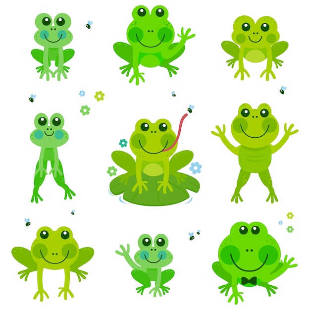 Schöne Frösche setzen Lotusblumen und lustige Cartoon-Krötenfiguren auf Lilienblumen auf.
