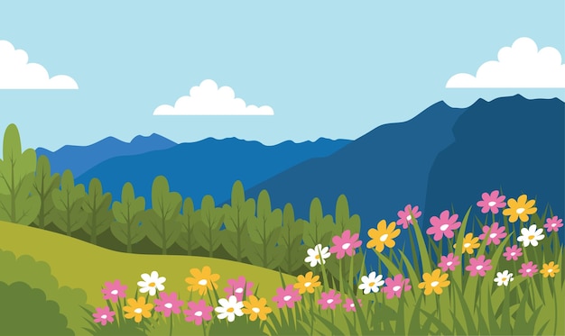 Schöne Frühlings-Naturlandschaft mit Bergblick und blühenden Blumen im Park