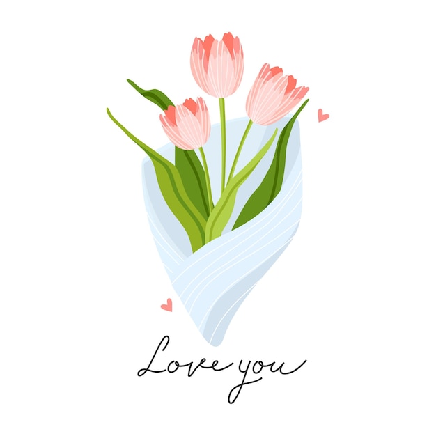 Schöne Frühlingsblumen Bouquet von Tulpen Ich liebe dich Frühlingsstimmung Design für Poster Postkarte Banner Hand gezeichnet Vektorillustration