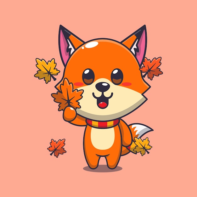 Schöne Füchse hält ein Herbstblatt in der Hand. Zeichentrickfilm-Vektorillustration