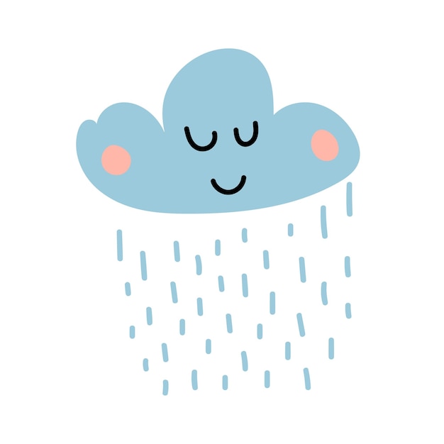 Schöne, glückliche Kawaii-Cartoon-Wolke auf blauem Hintergrund mit Regentropfen Träumende Wolken-Droodle-Figur